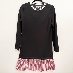 Joy Joy black knit long sleeve dress with red fabric ruffle hem size medium
